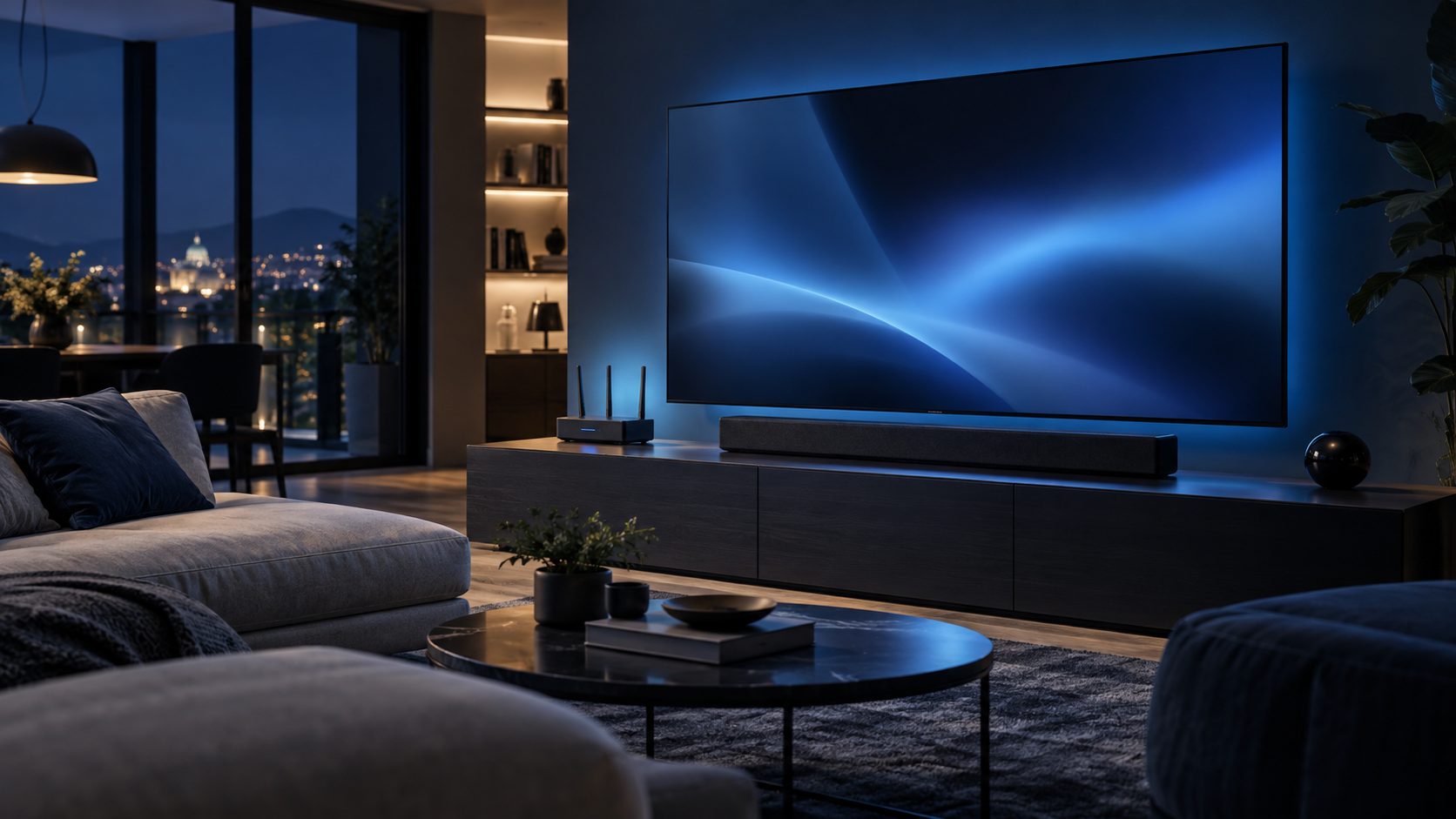 Televisore, soundbar e router configurati in un soggiorno moderno